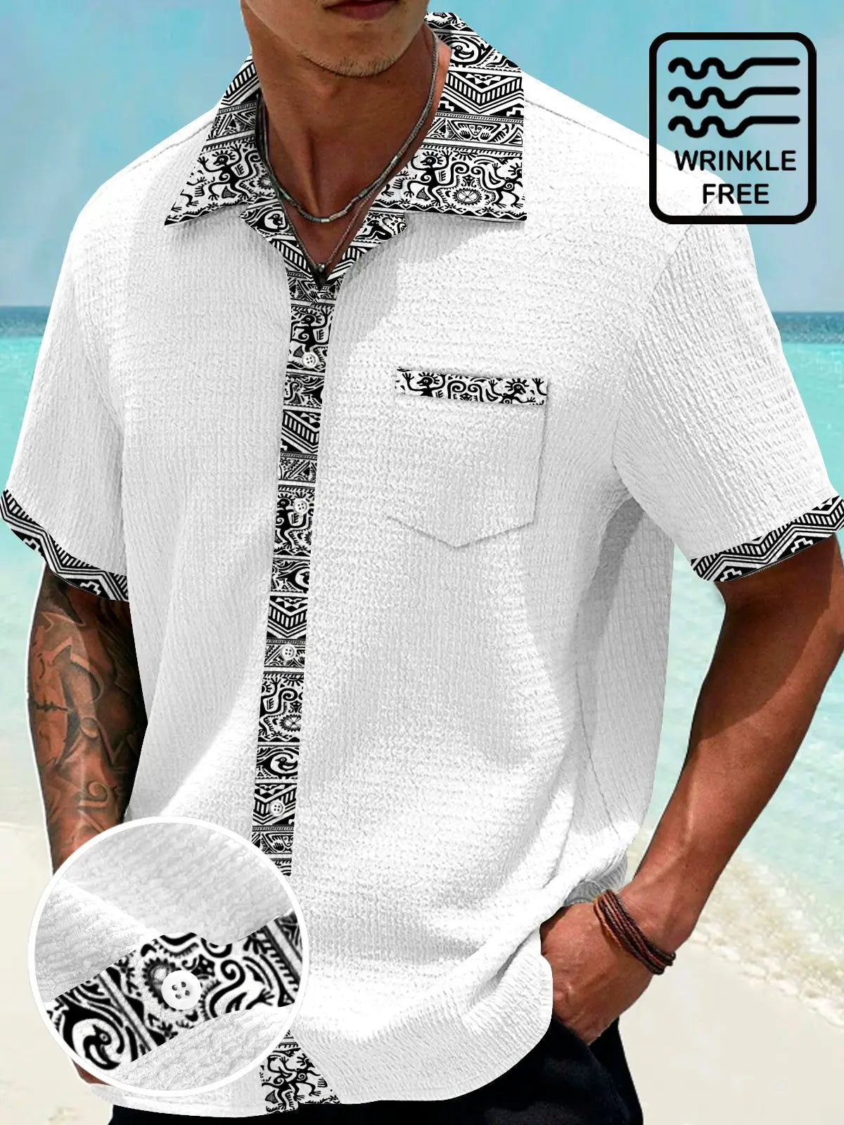 Hawaiian Shirt / Adults / S Basic Ethnic Pattern Patchwork Printed Men's Seersucker Stretch Hawaiian Shirt