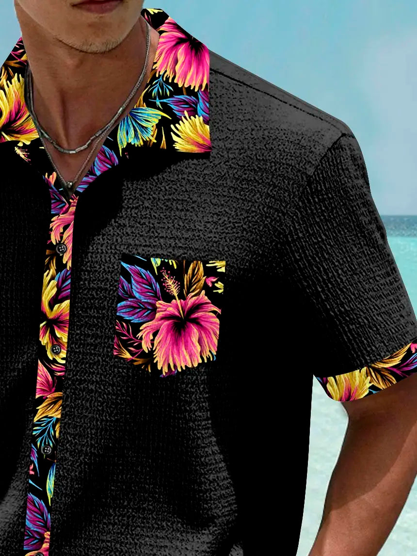 Basic Floral Patchwork Printed Men's Seersucker Stretch Hawaiian Shirt