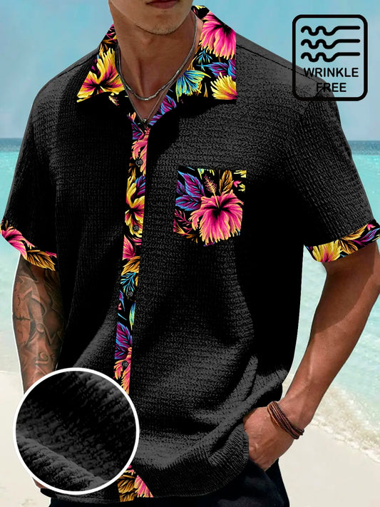 Hawaiian Shirt / Adults / S Basic Floral Patchwork Printed Men's Seersucker Stretch Hawaiian Shirt