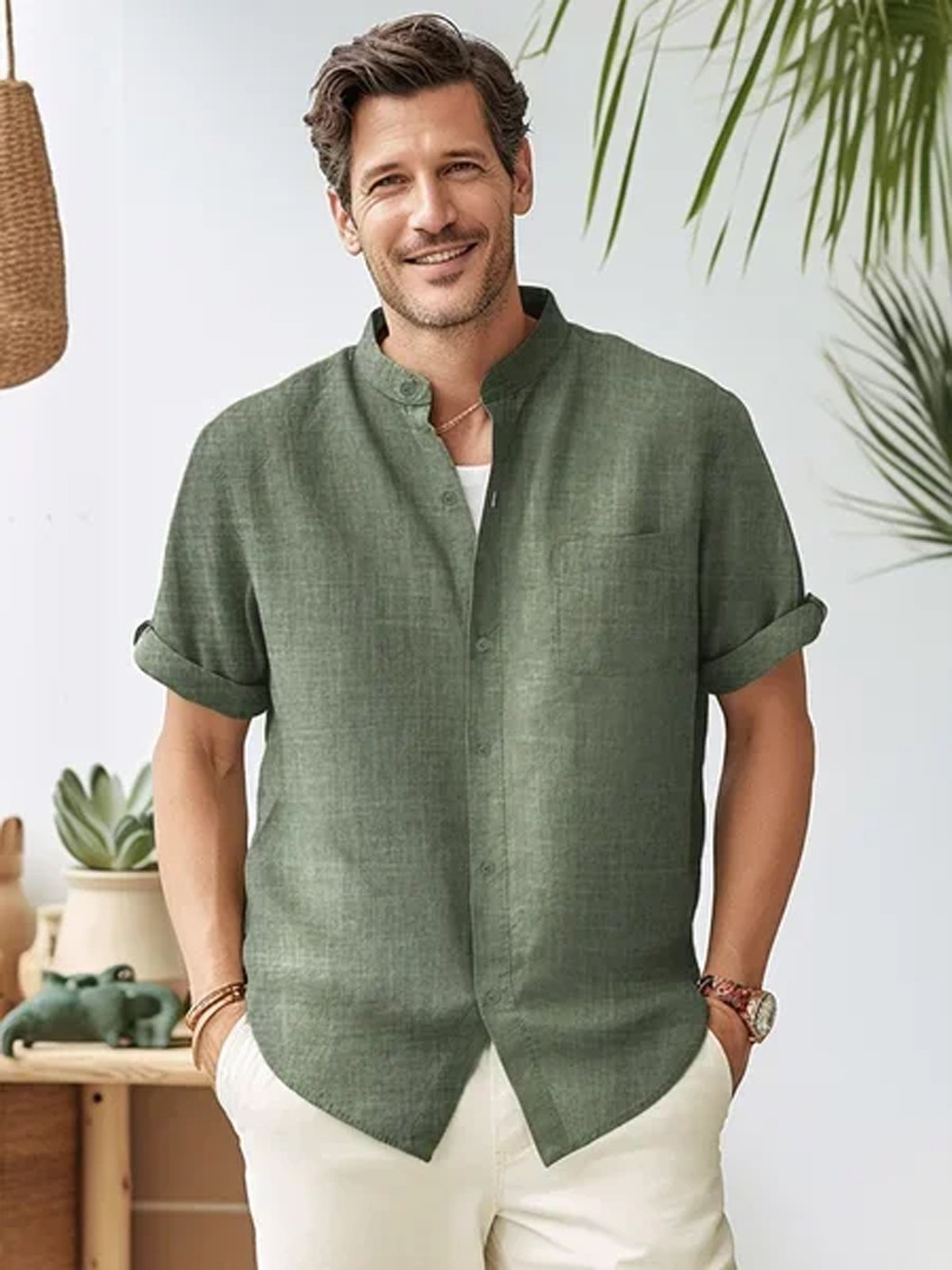 Basic Solid Color Stand Collar Hawaiian Shirt