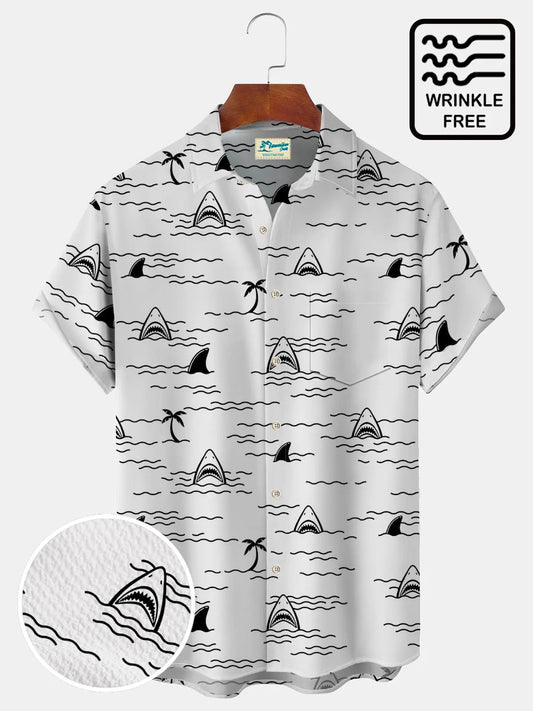 Hawaiian Shirt / Adults / S Beach Holiday White Men's Hawaiian Shirts Cartoon Shark Coconut Tree Camp Shirts