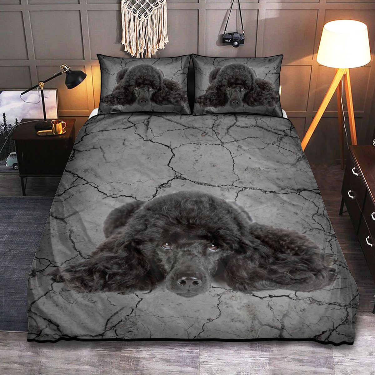 Poodle Dog Goodnight Dark Bedding Cover For Pet Lover Bedroom Decor