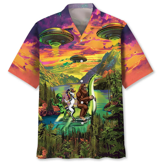 Hawaiian Shirt / Adults / S Bigfoot Alien Riding Nessie Hawaiian Shirt