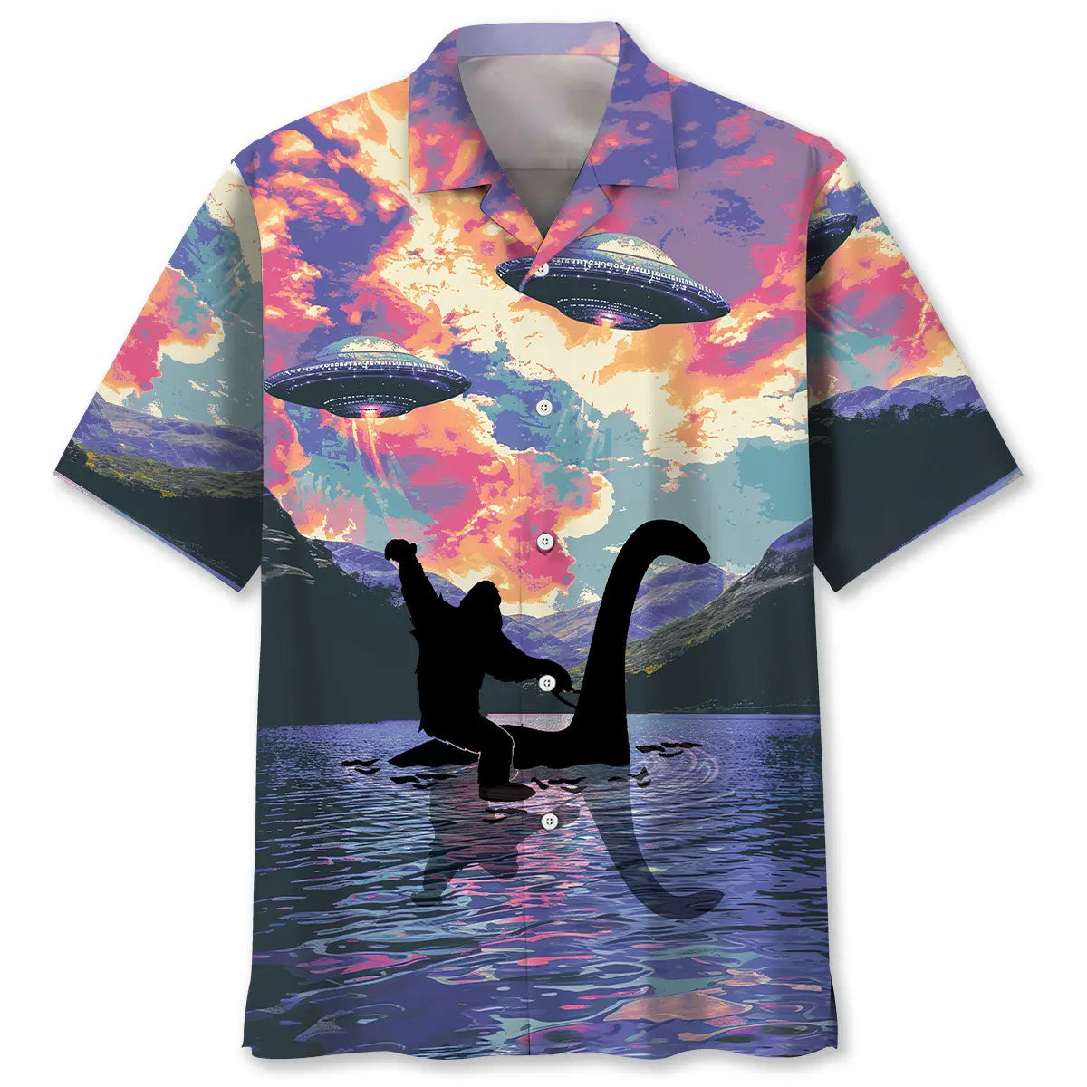 Hawaiian Shirt / Adults / S Bigfoot Riding Nessie Loch Ness Monster Hawaiian Shirt