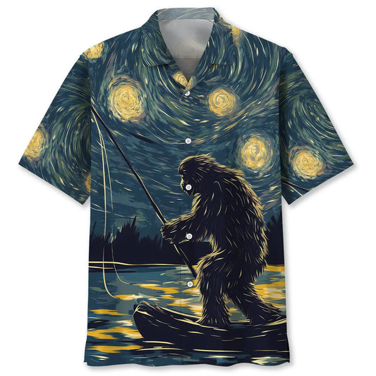 Hawaiian Shirt / Adults / S Bigfoot Starry Night Sasquatch Van Gogh Painting Art Hawaiian Shirt