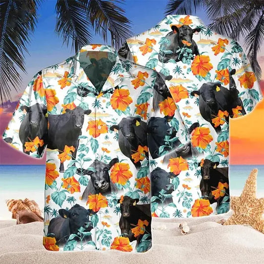 Hawaiian Shirt / Adults / S Black Angus Blue Floral Trendy Hawaiian Shirt Cow Hawaii Shirt Cow Shirts Cow Lovers Shirt For Men