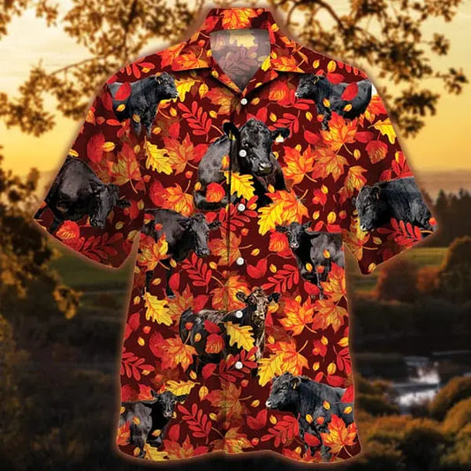 Hawaiian Shirt / Adults / S Black Angus Cattle Lovers Autumn Red Leaves Trendy Hawaiian Shirt Cow Trendy Hawaiian Shirt For Summer Gifts
