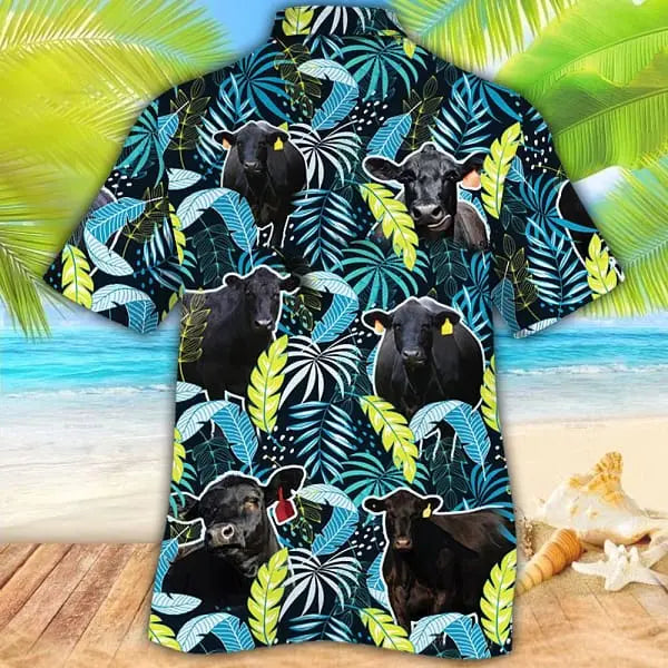 Black Angus Cattle Lovers Jungle Leaves Trendy Hawaiian Shirt Cow Trendy Hawaiian Shirt For Summer Gifts