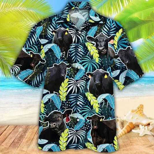 Hawaiian Shirt / Adults / S Black Angus Cattle Lovers Jungle Leaves Trendy Hawaiian Shirt Cow Trendy Hawaiian Shirt For Summer Gifts