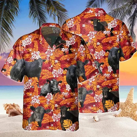 Hawaiian Shirt / Adults / S Black Angus Red Orange Floral Trendy Hawaiian Shirt Cow Hawaii Shirts Men Trendy Hawaiian Shirt Women