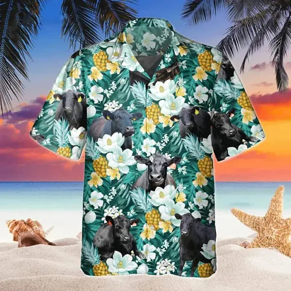 Black Angus Tropical Pineapple Fruit Trendy Hawaiian Shirt Flowers Aloha Shirt For Cow Lovers