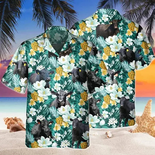Hawaiian Shirt / Adults / S Black Angus Tropical Pineapple Fruit Trendy Hawaiian Shirt Flowers Aloha Shirt For Cow Lovers