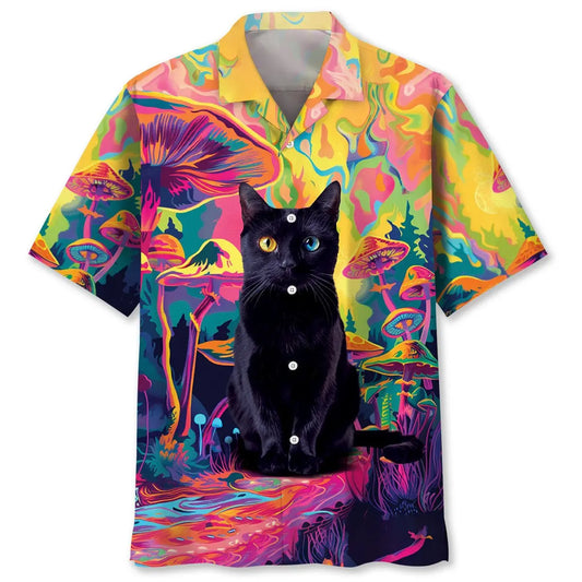 Hawaiian Shirt / Adults / S Black Cat Hippie Mushroom Hawaiian Shirt