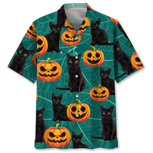 Hawaiian Shirt / Adults / S Black Cat Pumpkins Happy Halloween Hawaiian Shirt