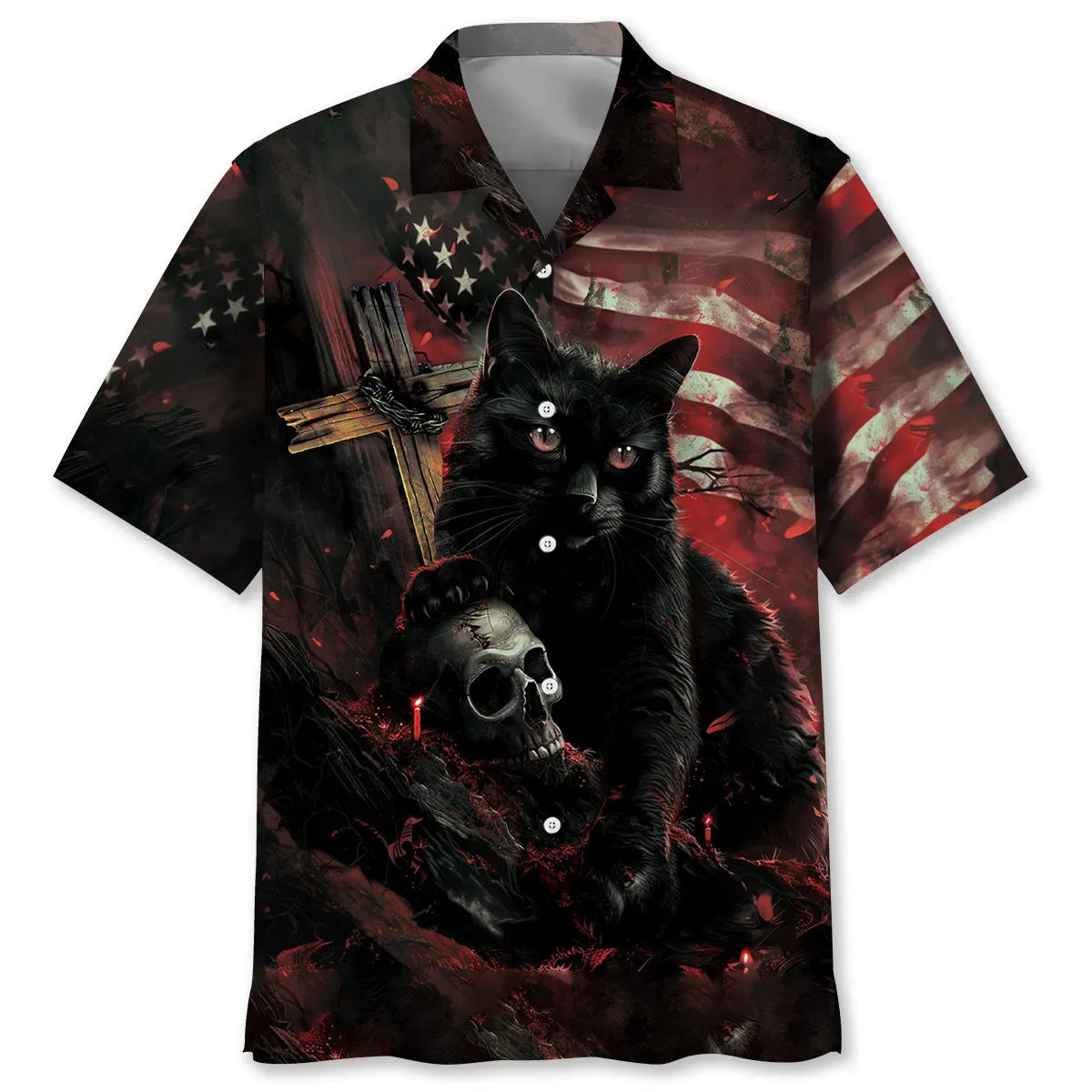 Hawaiian Shirt / Adults / S Black Cat Skull Hawaiian Shirt
