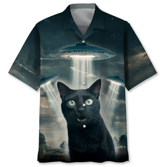 Hawaiian Shirt / Adults / S Black Cat UFO Hawaiian Shirt