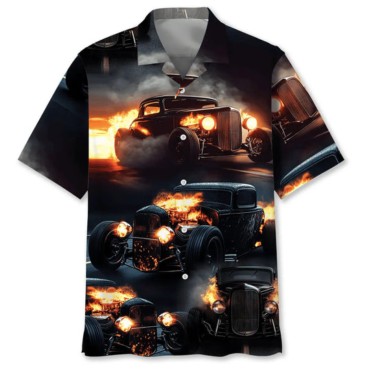 Hawaiian Shirt / Adults / S Black Hot Rod On Fire Hawaiian Shirt