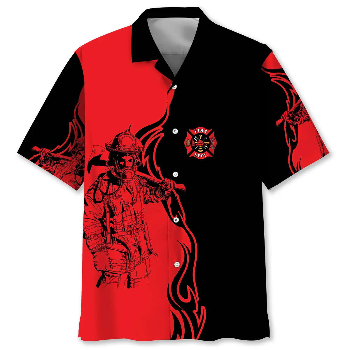 Hawaiian Shirt / Adults / S Black &amp; Red Firefighter Hawaiian Shirt