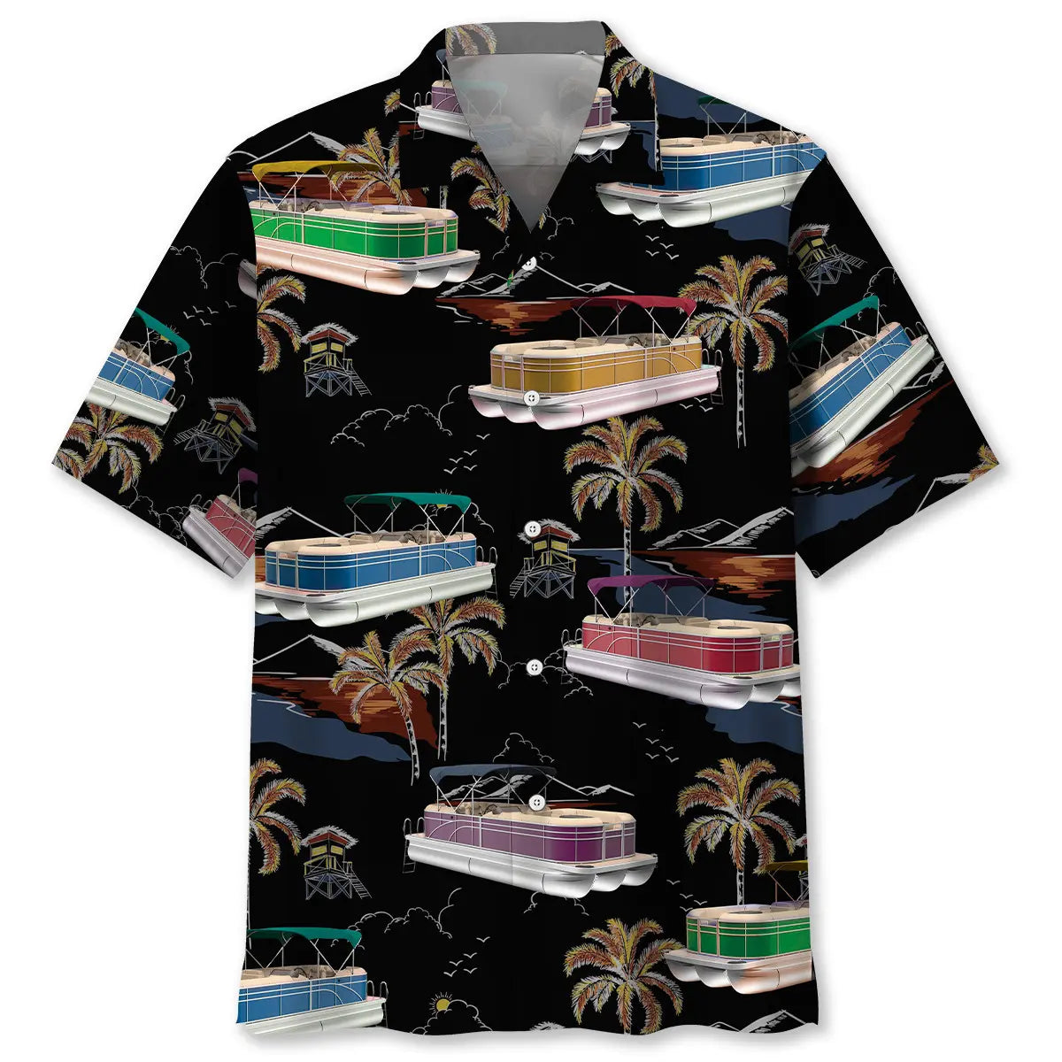 Hawaiian Shirt / Adults / S Black Tropical Palm Tree Pontoon Hawaiian Shirt