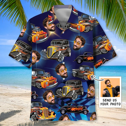 Hawaiian Shirt / Adults / S Blue Hot Rod Classic Racing Custom Photo Face Hawaiian shirt