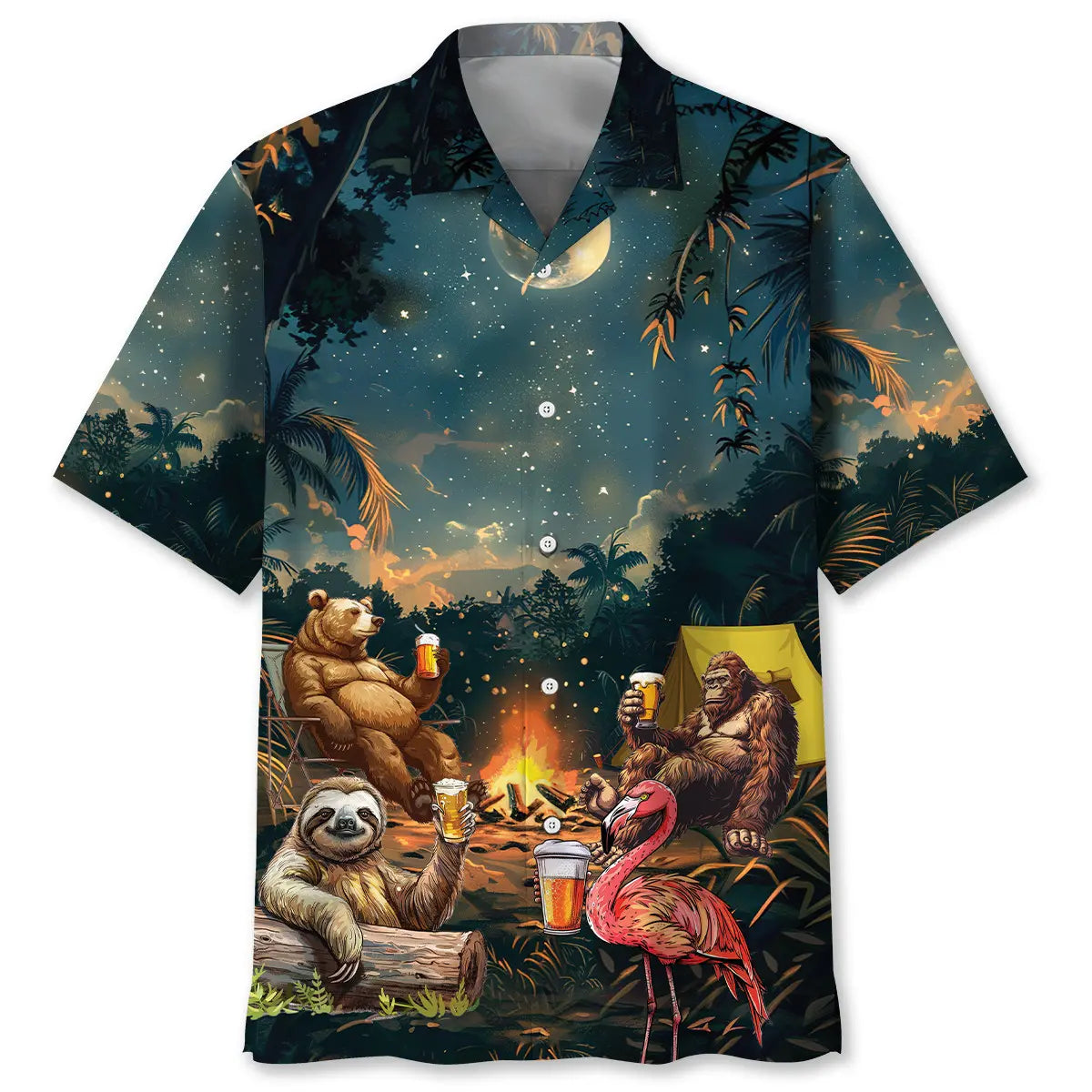 Hawaiian Shirt / Adults / S Camping Bigfoot Bear Sloth Flamingo Hawaiian Shirt