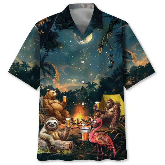 Hawaiian Shirt / Adults / S Camping Bigfoot Bear Sloth Flamingo Hawaiian Shirt
