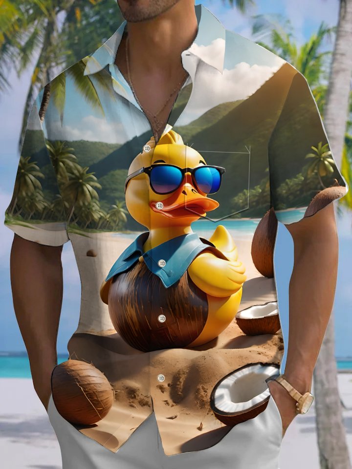 Casual Everyday Hawaiian Yellow Duck Print Art Stretch Large Size Button Cardigan Polyester Hawaiian Shirt