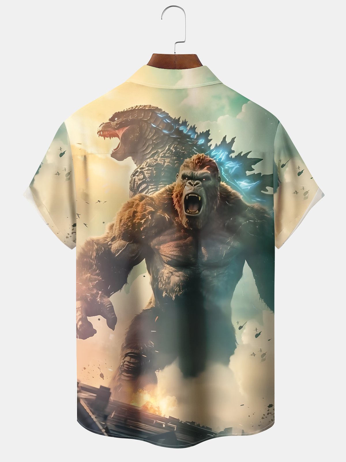 Casual Everyday King Kong Godzilla Print Art Stretch Large Size Button Cardigan Polyester Hawaiian Shirt