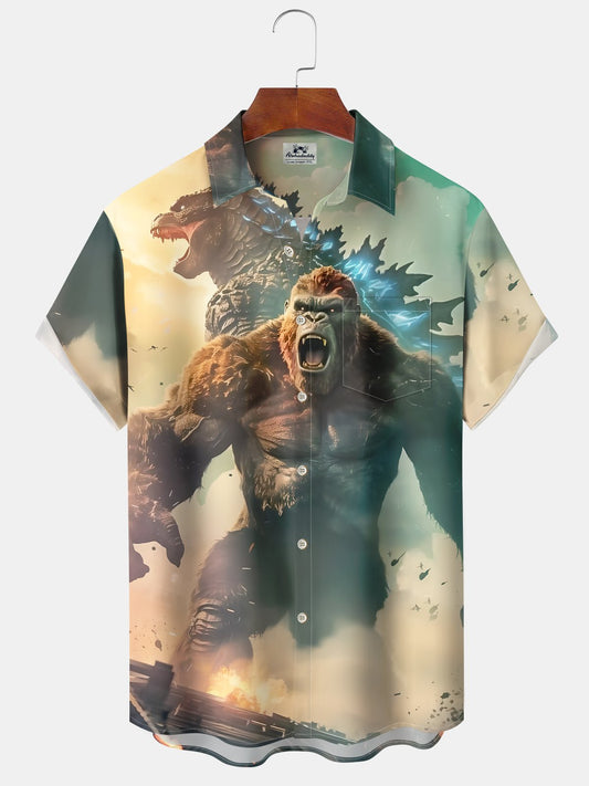 Hawaiian Shirt / Adults / S Casual Everyday King Kong Godzilla Print Art Stretch Large Size Button Cardigan Polyester Hawaiian Shirt