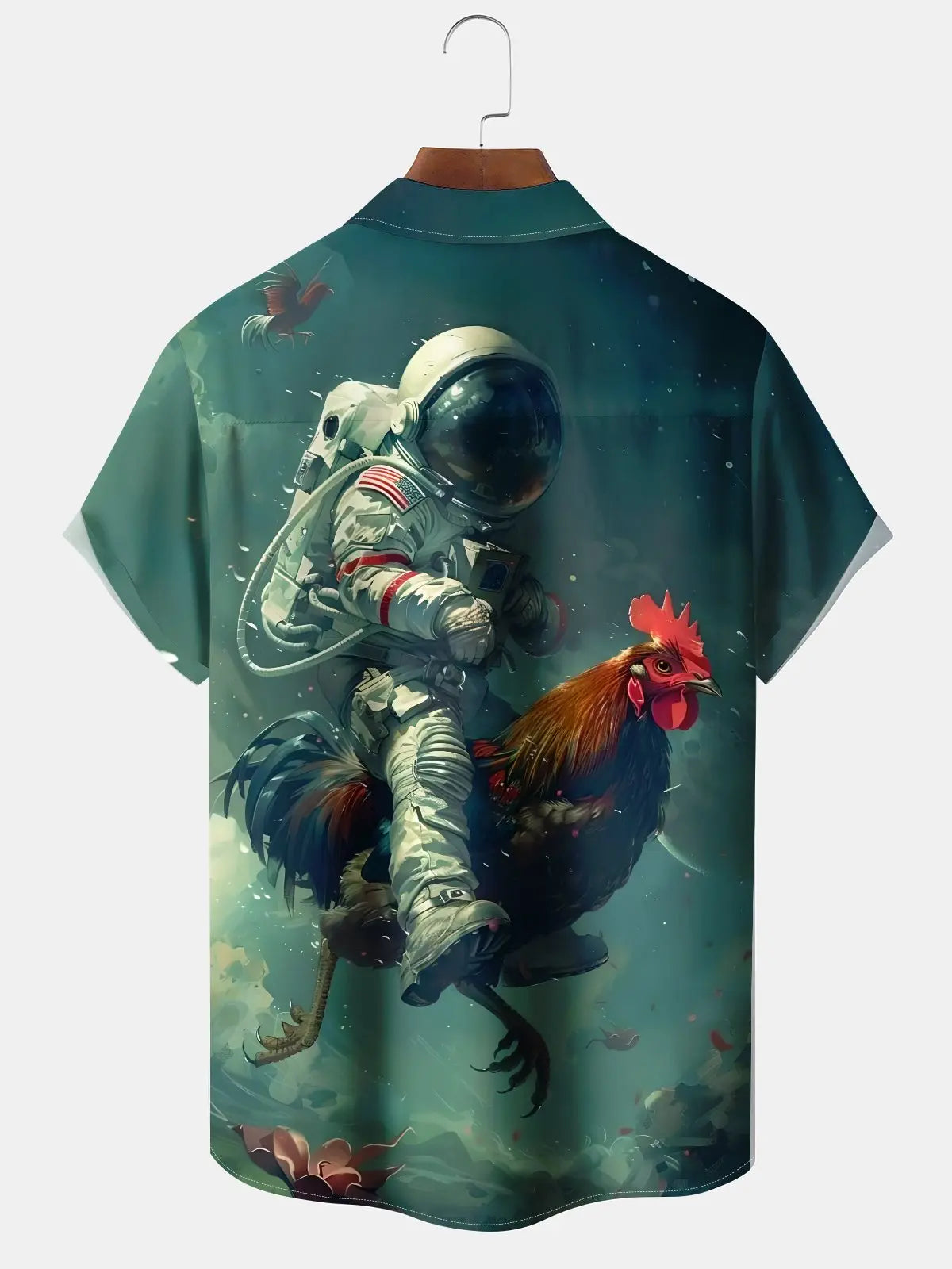 Casual Vintage Astronaut Rooster Print Art Button Stretch Large Size Hawaiian Shirt