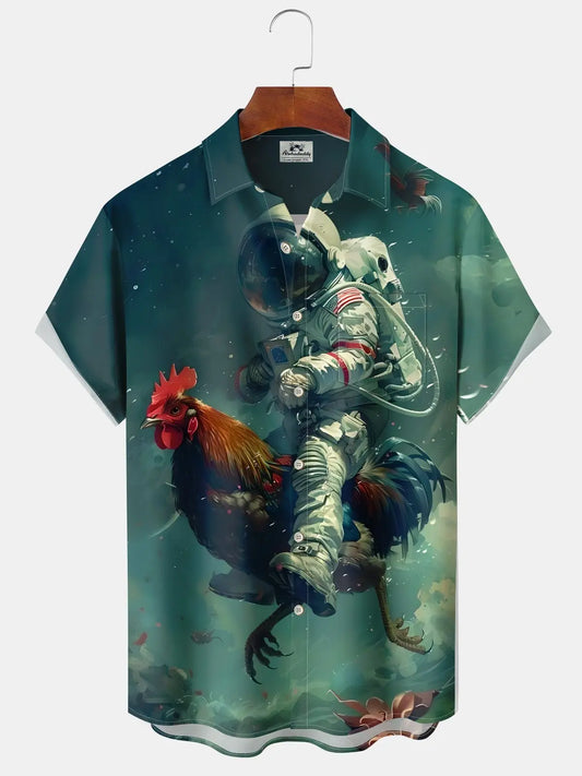 Hawaiian Shirt / Adults / S Casual Vintage Astronaut Rooster Print Art Button Stretch Large Size Hawaiian Shirt