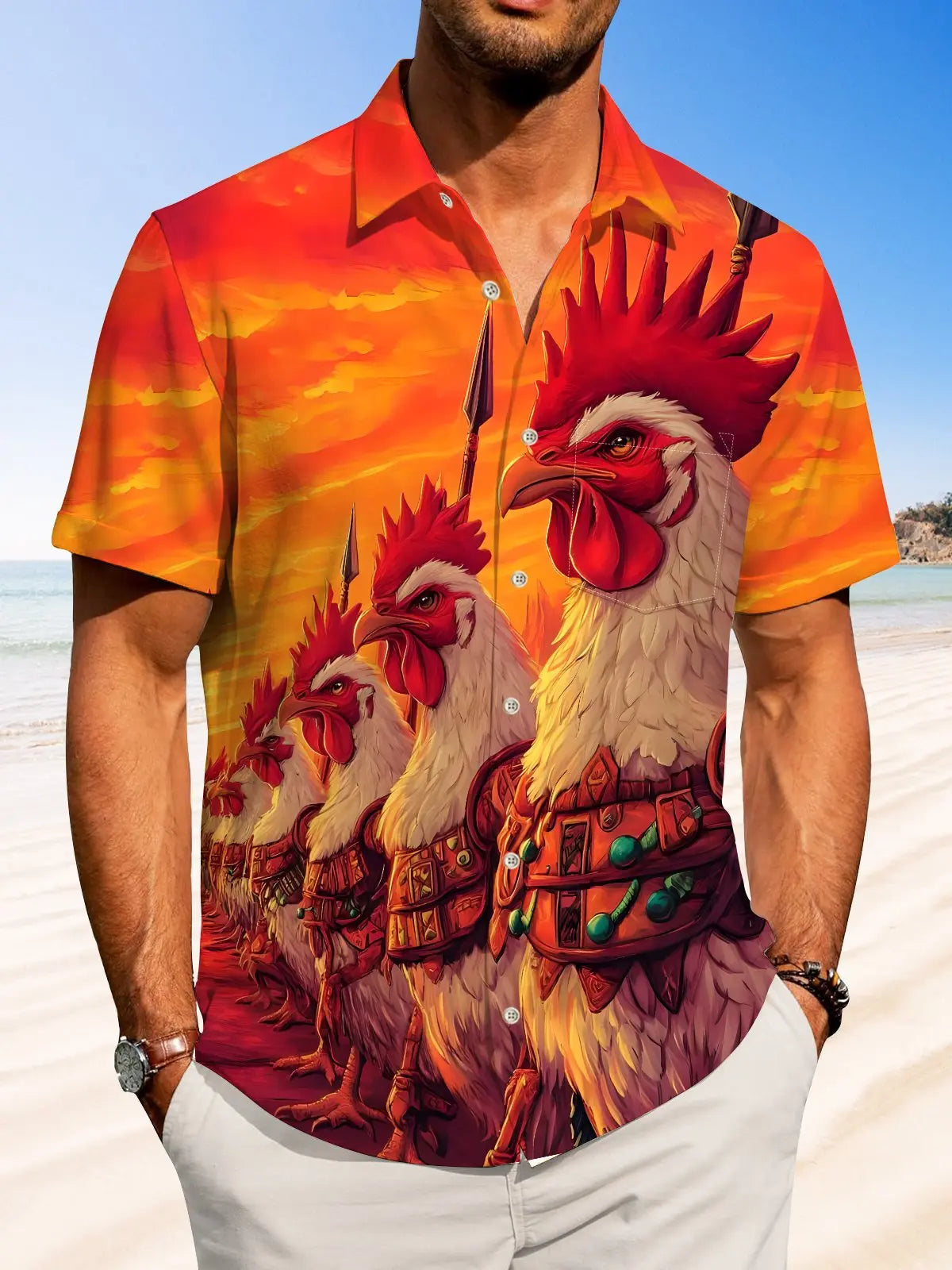 Casual Vintage Rooster Print Art Button Stretch Large Size Hawaiian Shirt