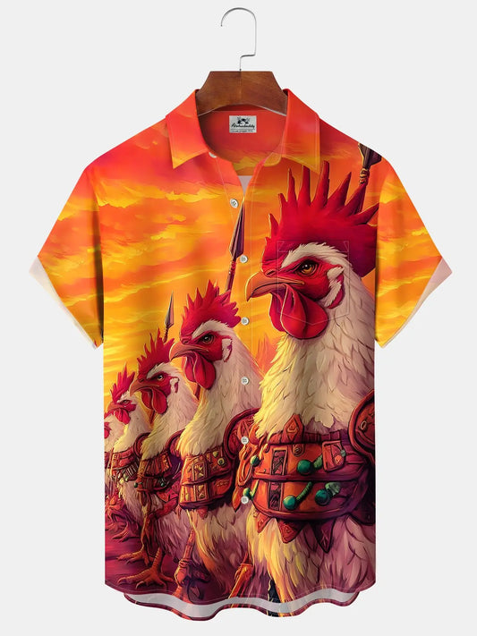 Hawaiian Shirt / Adults / S Casual Vintage Rooster Print Art Button Stretch Large Size Hawaiian Shirt