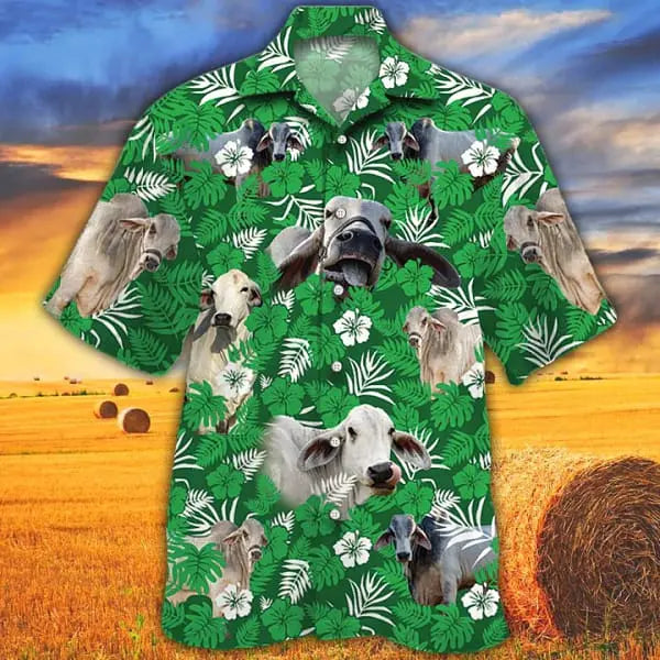 Cow Tropical Cow Men Trendy Hawaiian Shirts Brahman Cattle Lovers Green Floral Pattern Trendy Hawaiian Shirt