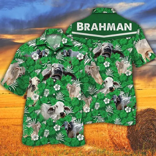 Hawaiian Shirt / Adults / S Cow Tropical Cow Men Trendy Hawaiian Shirts Brahman Cattle Lovers Green Floral Pattern Trendy Hawaiian Shirt