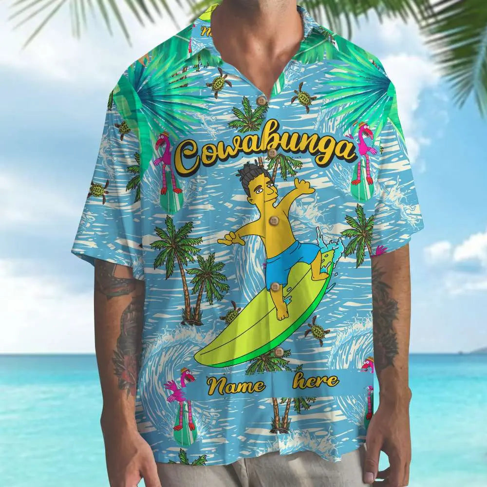 Cowabunga Simpsonalized Surfing Boy Unisex Hawaiian Shirt Aloha Shirt