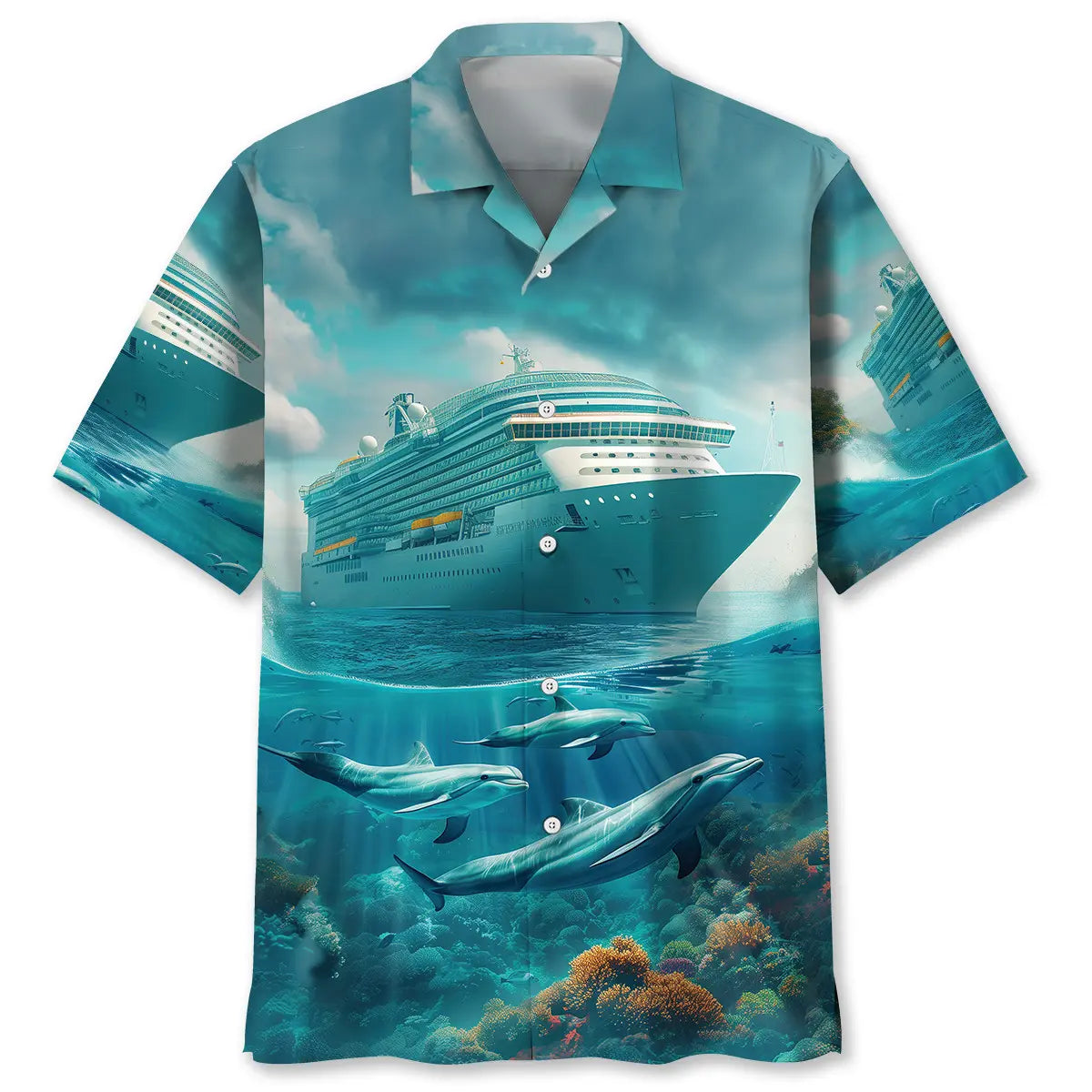 Hawaiian Shirt / Adults / S Cruise Ship With Dolphins Art Hawaiian Shirt