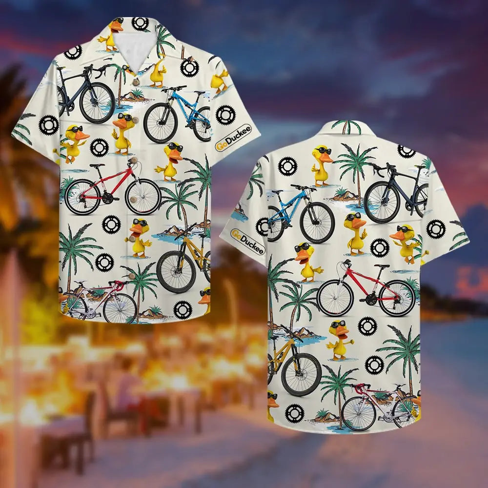 Cycling Duck Unisex Hawaiian Shirt Aloha Shirt Summer Vibe Bicycle &amp; Duck Pattern