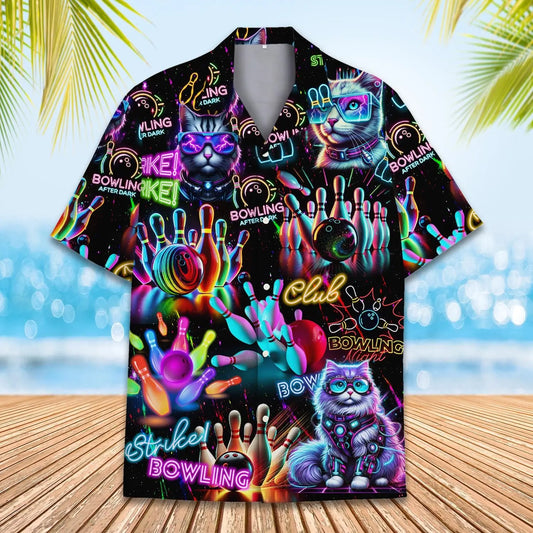Hawaiian Shirt / Adults / S Neon Bowling Cat Unisex Hawaiian Shirt Aloha Shirt