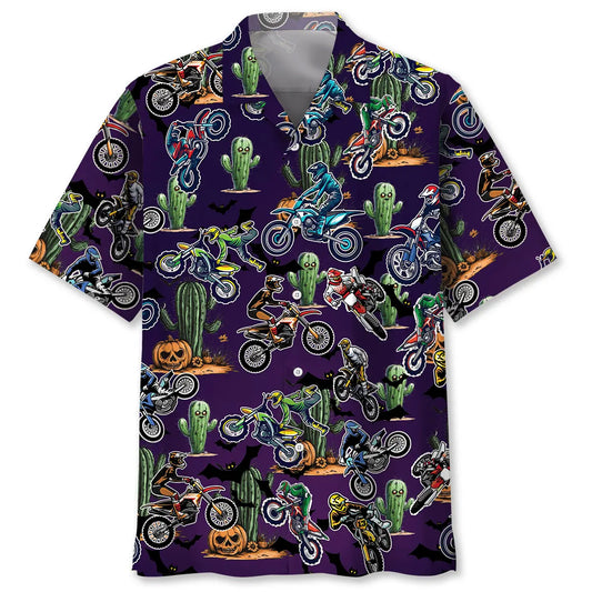 Hawaiian Shirt / Adults / S Dirtbikes With Haunted Cactus &amp; Pumpkins Art Hawaiian Shirt