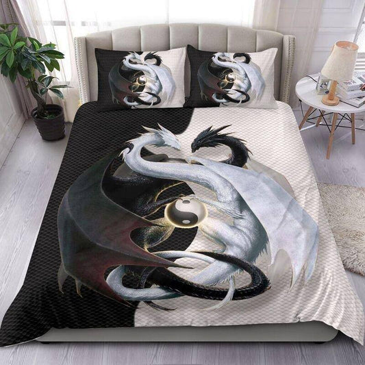 Black And White Dragon Couple Bedding Cover For Fantasy Bedroom Decor