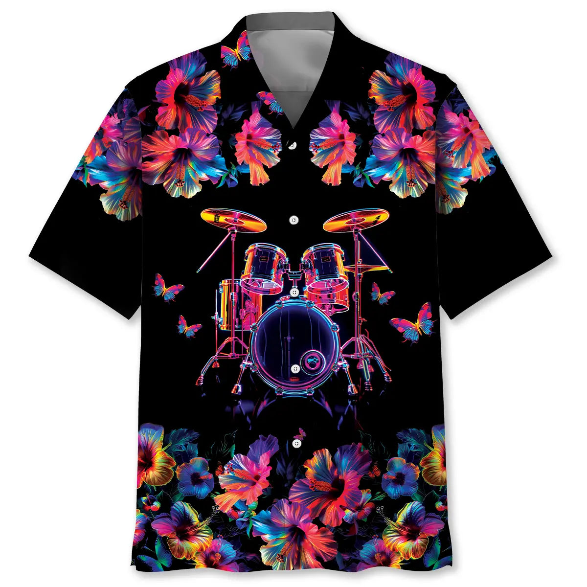 Hawaiian Shirt / Adults / S Drum Neon Hibiscus Flower Hawaiian Shirt
