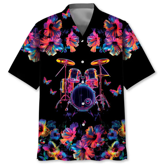 Hawaiian Shirt / Adults / S Drum Neon Hibiscus Flower Hawaiian Shirt