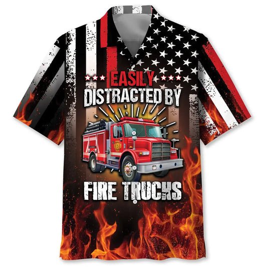 Hawaiian Shirt / Adults / S Easily Distracted By Fire Trucks Hawaiian Shirt