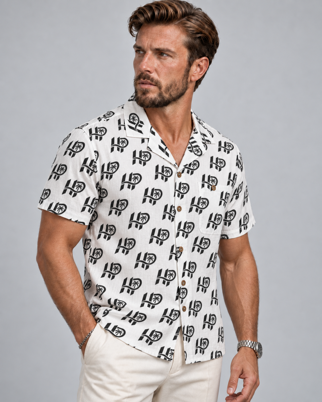 HP Signature Monogram Hawaiian Shirt – Black & White