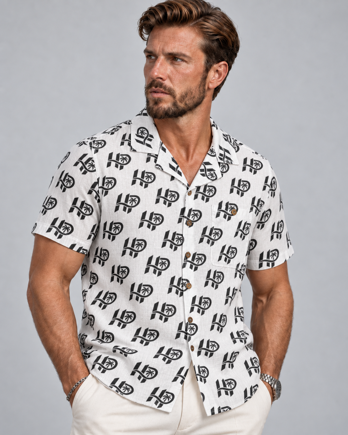 HP Signature Monogram Hawaiian Shirt – Black & White