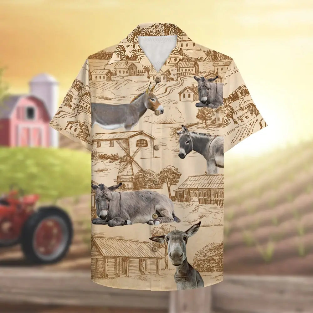 Farmer Donkey Unisex Hawaiian Shirt Aloha Shirt With Donkey And Farm Pattern