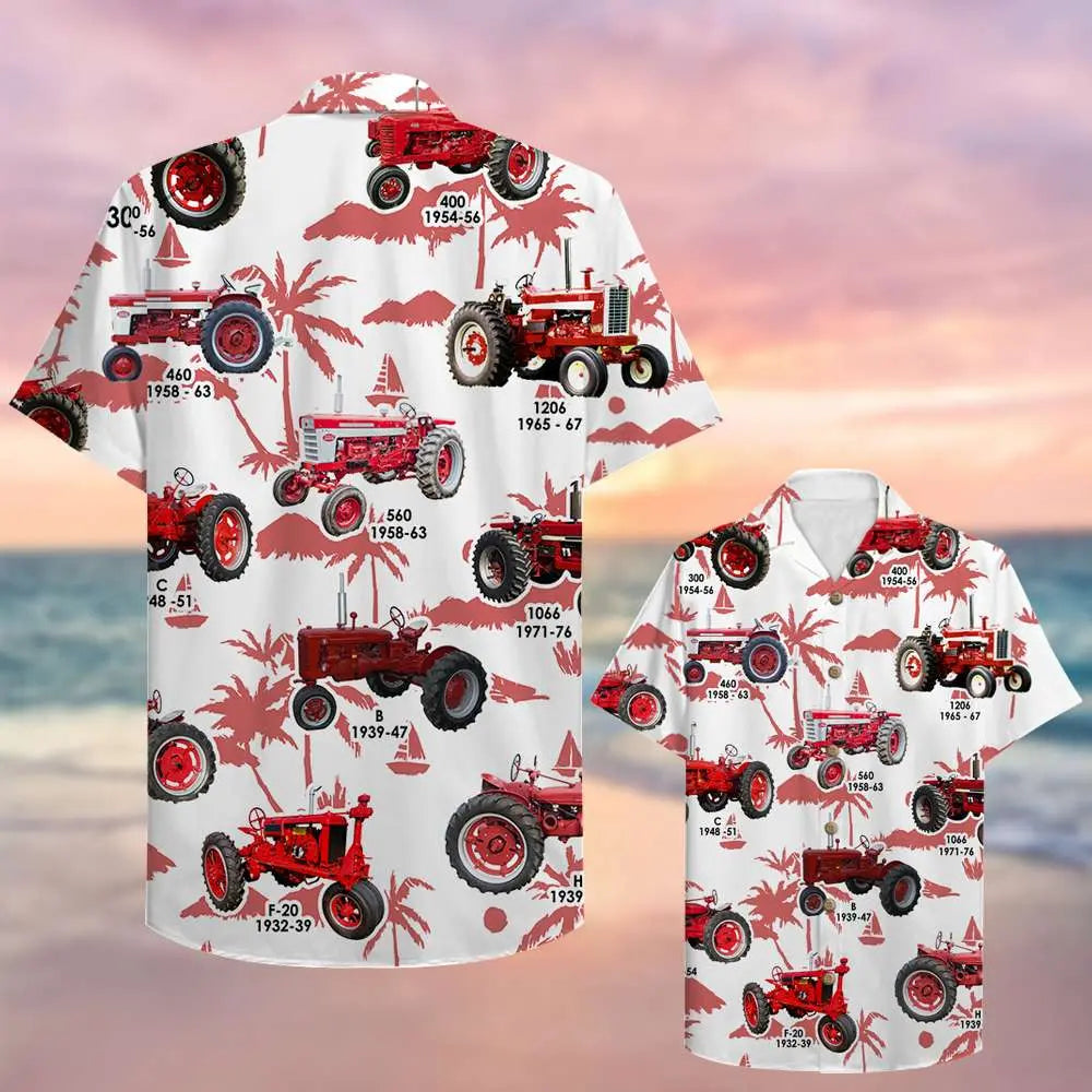 Farmer Unisex Hawaiian Shirt Aloha Shirt Summer Vibe Red Tractors Pattern