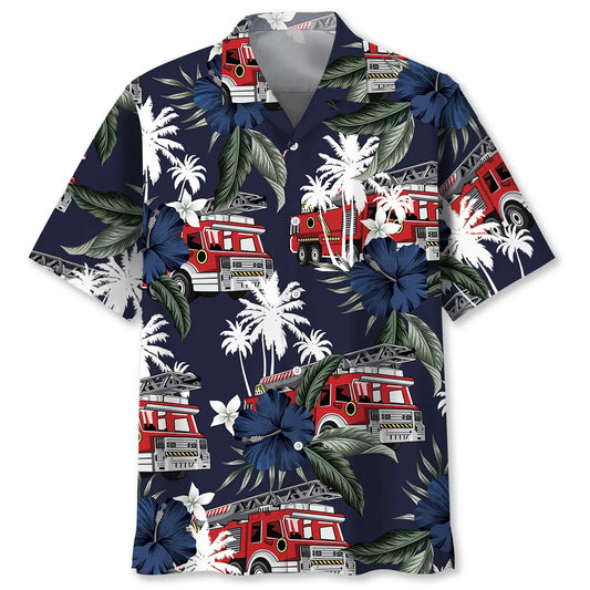 Hawaiian Shirt / Adults / S Fire Truck Dark Blue Hawaiian Shirt