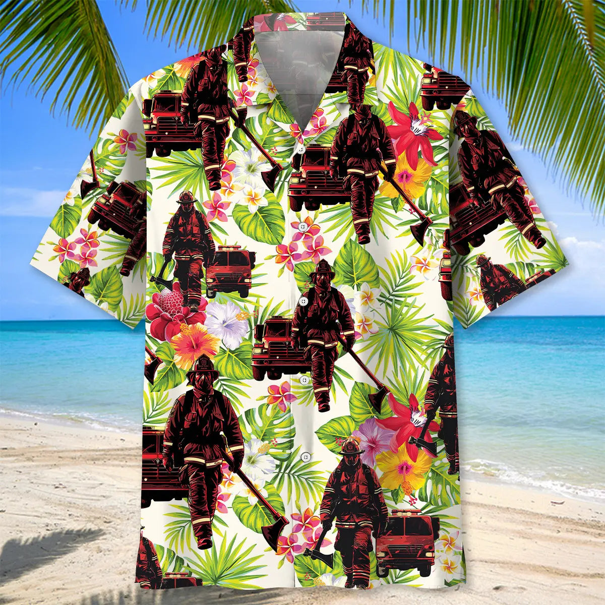 Fire Truck Firefighter Flower Hawaiian Shirt